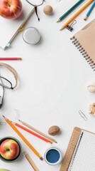 Flat lay mockup for back to school. Empty sheet in the middle. Top view, copy space.