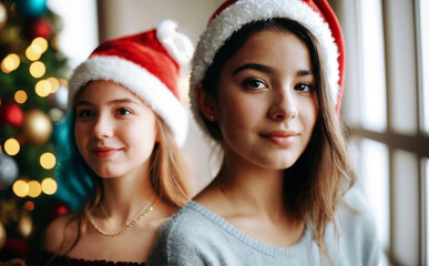 Girls in Santa Hats, Anticipation by Christmas Tree, Standing Together Indoors