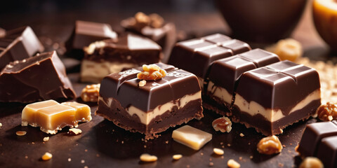 Chocolate Shards and Powder on Black. A pile of irregular-shaped chocolate chunks sits on a black background.	