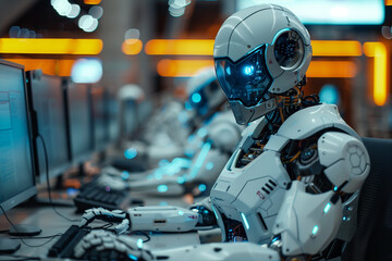 Fototapeta premium Robot Sitting in Front of Computer Monitor