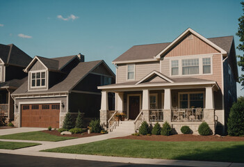 Small American Single-Family Houses, Suburban Homes with Freshly Mown Lawns, Suburban Life in Small Town