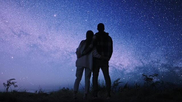 Young Couple Higging On Night Field Looking At Galaxy Stars Milky Way Love Family Nature Bueaty Dreams Romantic Relationship 8K