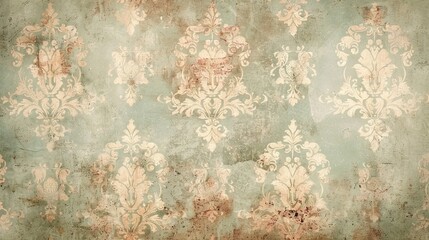 A faded blue and tan wallpaper with a floral pattern