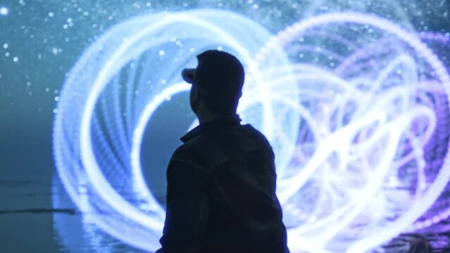 Metaverse Futuristic Cyber Technology Young Tech Designer Guy With Augmented Virtual Reality Glasses Designing Future Art Abstract Ai Artwork Cyber Revolution