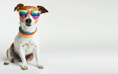 Silhouette of cute dog wearing colorful sunglasses isolated on a gray white background. Copy space for text message advertising. Jack Russell Terrier breed