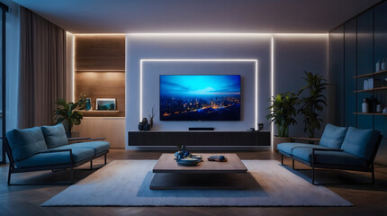 Smart TV in modern living room with blue lighting and connected blue neon lights for a stylish look. 3d render. Generative ai.
