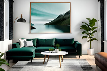 Mock up poster, green Scandinavian living room, 3d render, 3d illustration