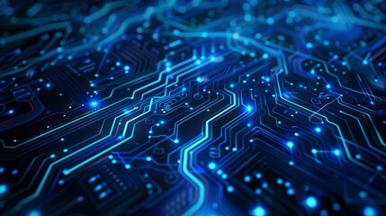 A blue and black image of a circuit board with many blue lines