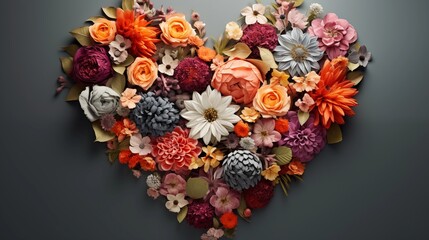 Heart-Shaped Floral Arrangement with Vibrant Blooms on Dark Background