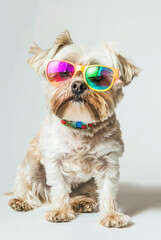 Silhuette of cute white small dog wearing colorful sunglasses isolated on a gray white background. Copy space for text message advertising