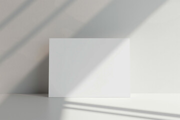 3d rendering, A4 white card mockup on a light grey background with natural shadows, soft lighting, and a minimalist aesthetic