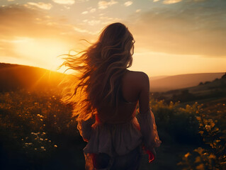 Young woman standing in a meadow feeling happy and free with open arms up to the warm sunlight. Feelings of peace and happiness concept.