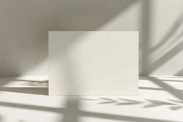 3d rendering, A4 white card mockup on a light grey background with natural shadows, soft lighting, and a minimalist aesthetic