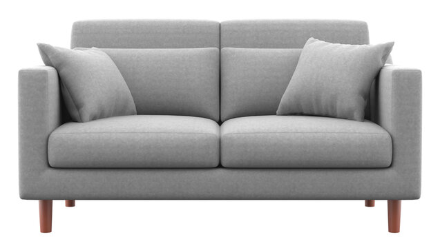 Gray sofa with two pillows isolated on transparent background