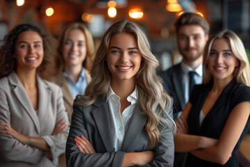 Photo of diverse group of leaders smiling, 
Successful business team gathered in a boardroom, young professional business people standing together