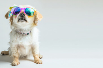 Silhuette of cute white small dog wearing colorful sunglasses isolated on a gray white background. Copy space for text message advertising