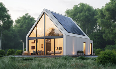 3d rendering, A small, modern house with solar panels on the roof and an energy system in Germany. The exterior is white with large windows overlooking green trees