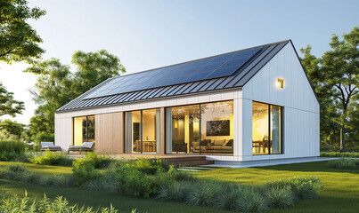 3d rendering, A small, modern house with solar panels on the roof and an energy system in Germany. The exterior is white with large windows overlooking green trees