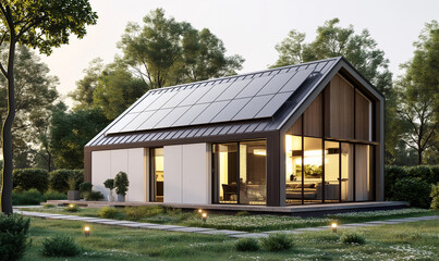 3d rendering, A small, modern house with solar panels on the roof and an energy system in Germany. The exterior is white with large windows overlooking green trees