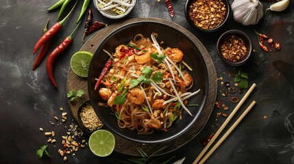 Thai Cuisine - Pad Thai - Traditional Stir-Fried Noodle Dish with Shrimp, Vegetables, and Peanuts on a Rustic Background - Generative AI