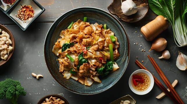 Thai Food, Pad See Ew, Stir-Fried Flat Noodles with Vegetables and Meat - Generative AI