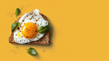 Top view of egg and bread isolated on a yellow background. copy space for text message advertising. Concept of breakfast food meal