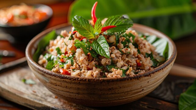 Authentic Thai Larb Gai - Thai Minced Chicken Salad with Fresh Herbs and Spices, Garnished with Red Chili and Mint - Generative AI