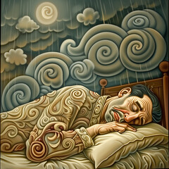 A surreal, whimsical scene of a man peacefully sleeping and dreaming in bed under a swirled night sky. Intricate patterns, rain, and moonlight create a tranquil, dreamy atmosphere.