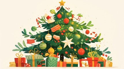 Illustration of a Christmas tree adorned with vibrant ornaments