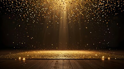 Award Ceremony Stage Mockup with Golden Confetti Rain,awards show background, ceremony presentation, hollywood spotlight, award winner reveal, event marketing