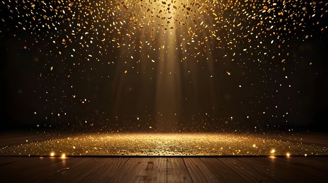Award Ceremony Stage Mockup with Golden Confetti Rain,awards show background, ceremony presentation, hollywood spotlight, award winner reveal, event marketing