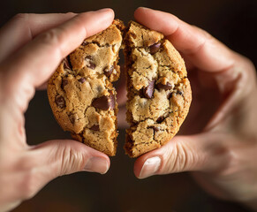 Hands of a person holding homemade chocolate chip cookie. Concept of snack sweet bakery sugar unhealthy eating