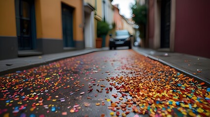 Colorful Confetti Litters the Street,festival cleanup, parade route background, party flyer background, street cleaning service, celebratory texture