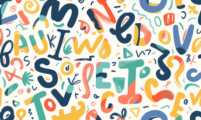 A seamless pattern of colorful doodle letters on a white background in a flat design style using simple shapes, thin lines, and playful