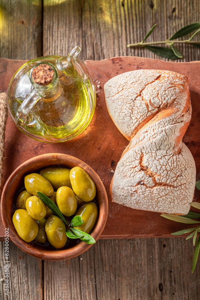 Wall mural tasty buns with extra virgin olive oil.