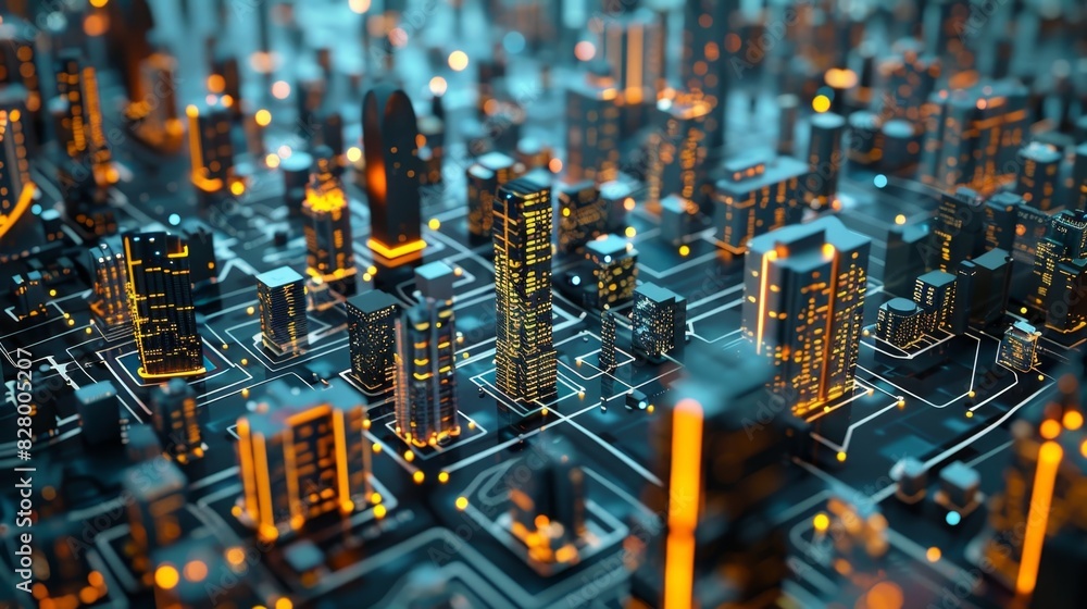Poster a futuristic cityscape with algorithms acting as the architects and city planners using data to buil