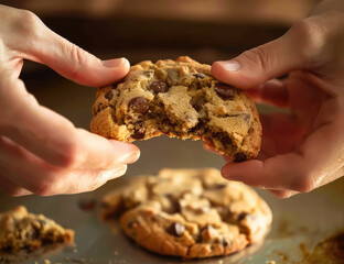 Hands of a person holding homemade chocolate chip cookie. Concept of snack sweet bakery sugar unhealthy eating