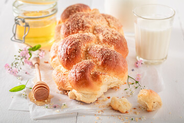 Delicious and fresh golden challah baked in a home bakery.