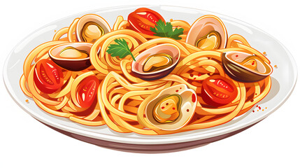 Piatto di deliziosi spaghetti con vongole veraci, cibo mediterraneo isolated on white background, png
