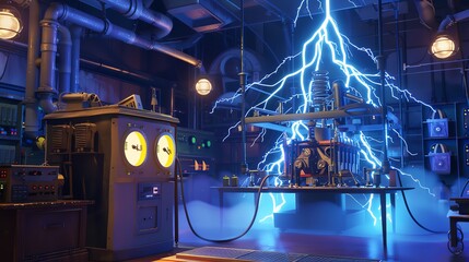 The photo shows a mad scientist's laboratory with a large electrical contraption in the center.