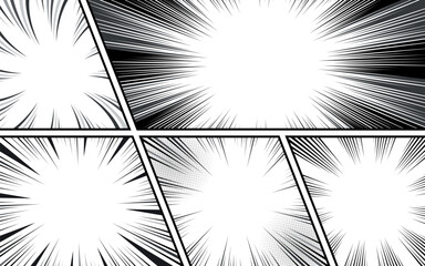 vector comic book page template with radial speed lines background in manga anime style. black and white illustration vector