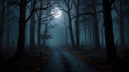 Moonlit Path Through Foggy Forest (Halloween Scene),Fantasy novel cover background, mystery book illustration, adventure game environment, ghost hunting background, folklore artwork