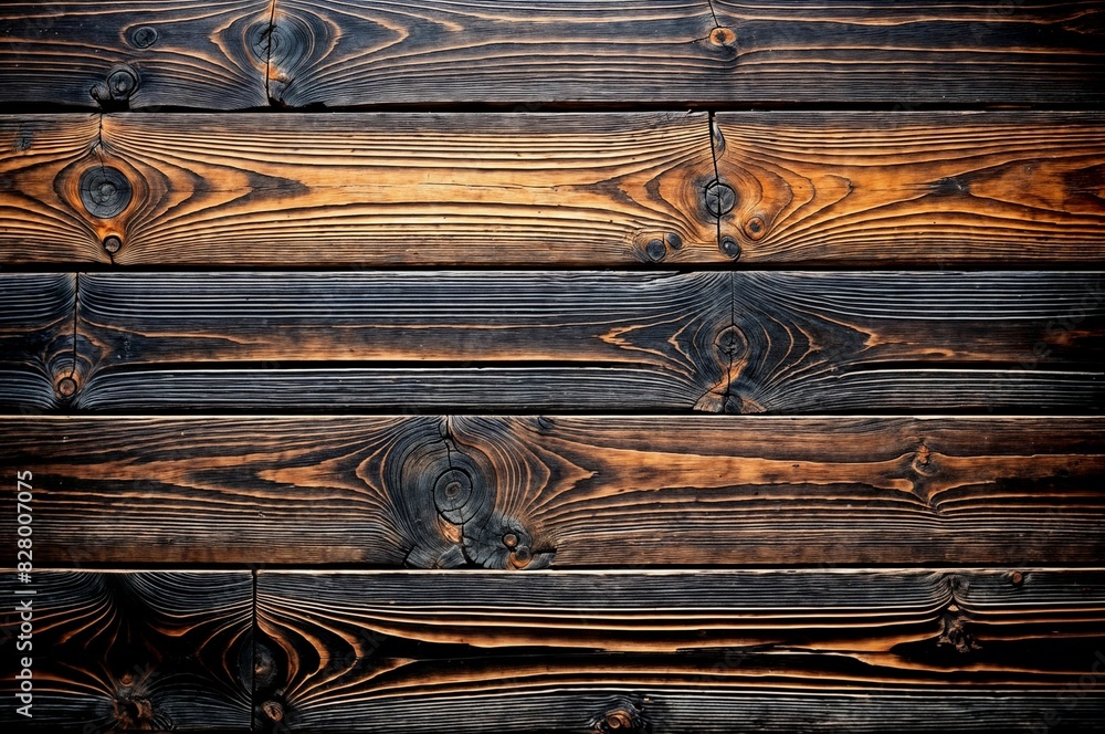 Poster close-up view of wooden planks has a brown color and shows signs of age and wear with cracks and kno