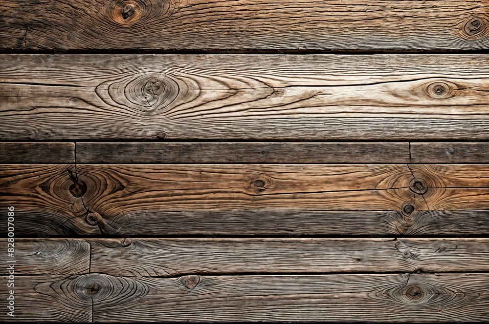 Poster close-up view of wooden planks has a brown color and shows signs of age and wear with cracks and kno
