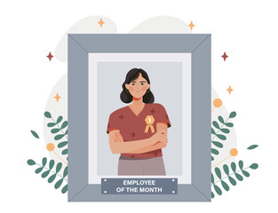 Woman who won the employee of the month nomination. The girl with the prize for the best work. Ranking and rating. Hardworking successful entrepreneur or employee. Flat vector illustration