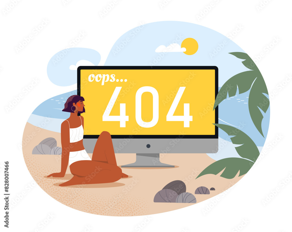 Poster error 404 webpage with woman in swimsuit sitting next to computer monitor at beach. something went w