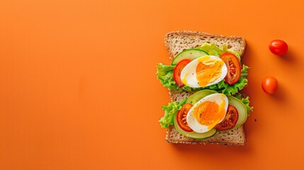 Sandwich bread with egg, tomato, lettuce and cheese for simple breakfast, copy space background