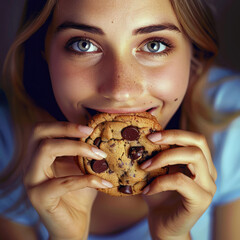 Portrait of young beautiful smiling woman who loves chocolate chip cookie. Concept of sweet bakery sugar unhealthy eating