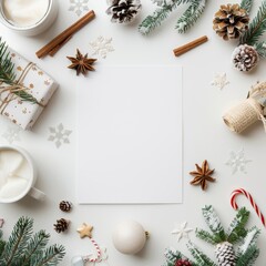 Flat lay mockup for Merry Christmas and Happy New Year. Empty sheet in the middle. Top view, copy space. 