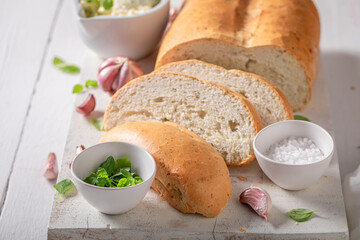 Hot and cripsy bread served with herbs and garlic oil.